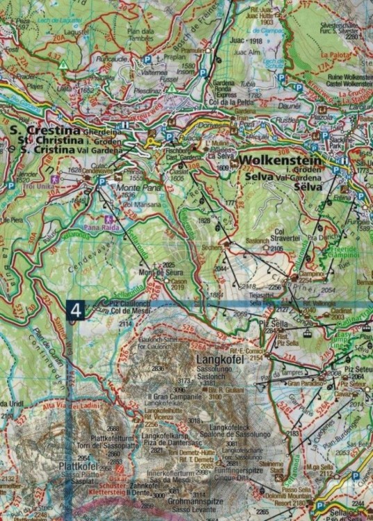 Sellagruppe, Groden, Seiser Alm / Gruppo di Sella, Val Gardena, Alpe di Siusi, Marmolada. Wodoodporna mapa turystyczna 59 wydawnictwa Kompass. Fragment 1