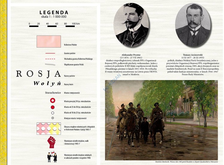 Rewolucja 1905-7 na ziemiach polskich. Mapa ścienna wydawnictwa Meridian. Fragment 2