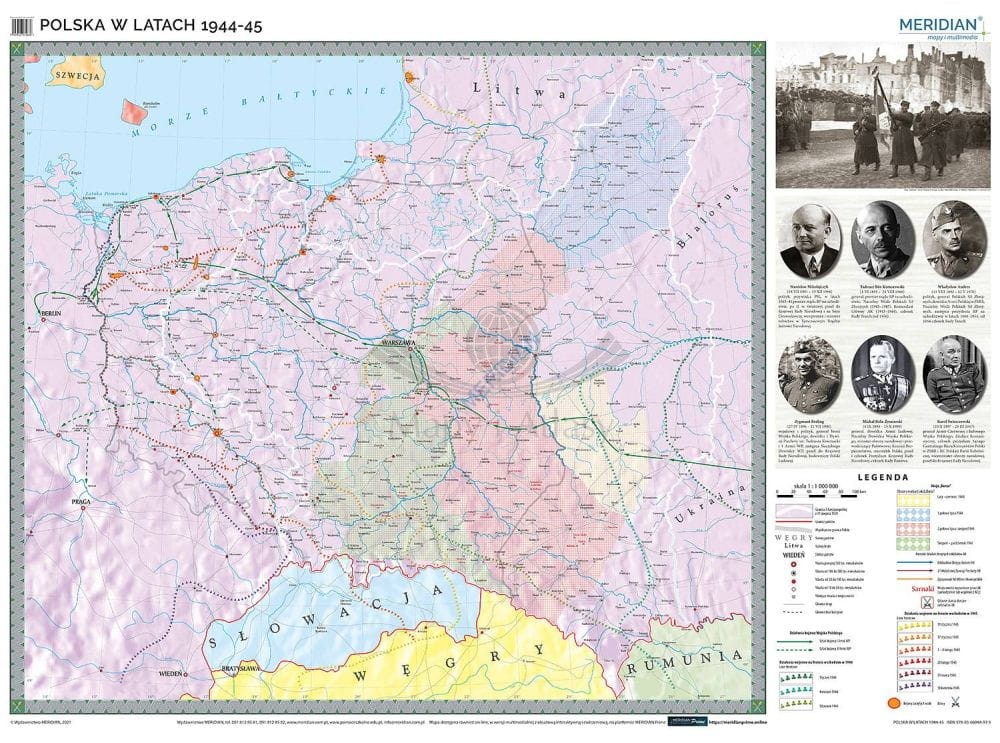 Polska w latach 1944-1945. Mapa ścienna 200 x 150 cm. Drewniane półwałki