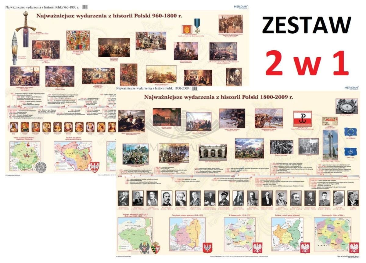Polska. 1000 lat historii Polski - dziedzictwo narodowe (960-2009). Zestaw: 2 x mapa ścienna / plansza edukacyjna 160 x 120 cm. Drewniane półwałki