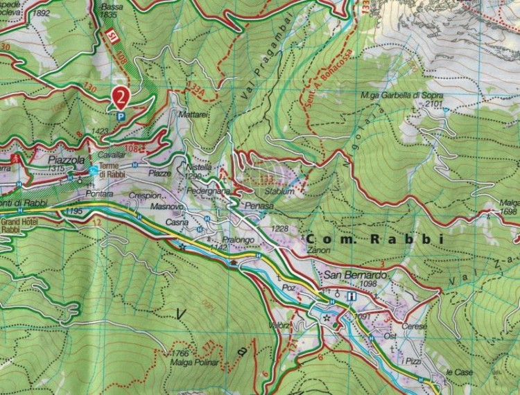 Peio e Rabbi, Val di Sole. Wodoodporna mapa turystyczna 095 wydawnictwa Kompass. Fragment 1