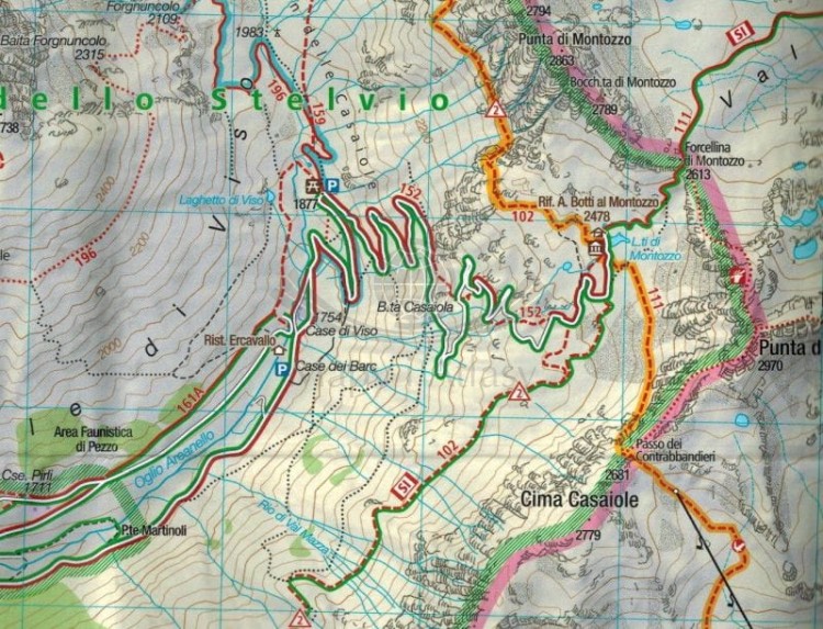 Peio e Rabbi, Val di Sole. Wodoodporna mapa turystyczna 095 wydawnictwa Kompass. Fragment 2