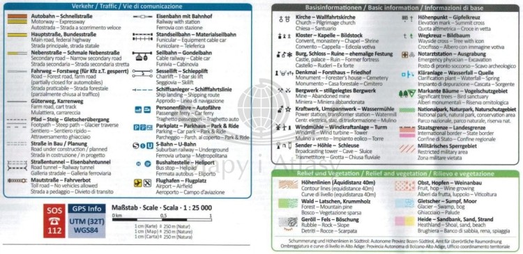Peio e Rabbi, Val di Sole. Wodoodporna mapa turystyczna 095 wydawnictwa Kompass. Legenda 1