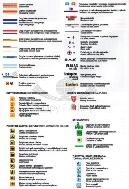 Województwo warmińsko-mazurskie. Laminowana mapa samochodowo-turystyczna wydawnictwa Demart. Legenda