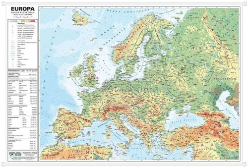 Europa. Dwustronna mapa ścienna MIDI. Fizyczna/polityczna. Strona fizyczna