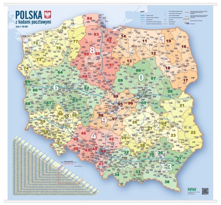 Polska 1:750 000. Kody pocztowe. Mapa ścienna. Wersja STRONG