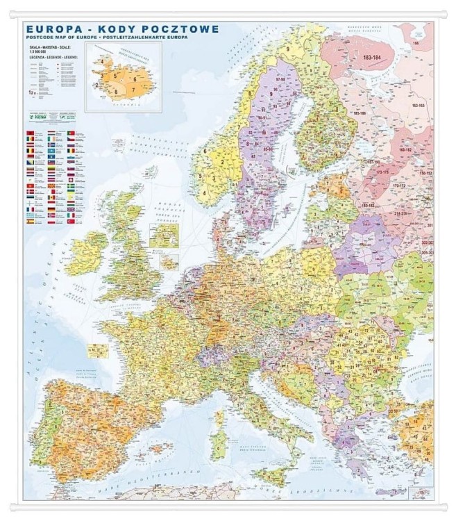 Europa 1:3 600 000. Mapa ścienna. Kody pocztowe