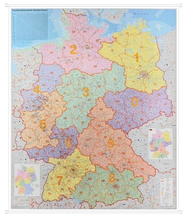 Niemcy 1:750 000. Mapa ścienna administracyjna z kodami pocztowymi. Wydawnictwo: Stiefel