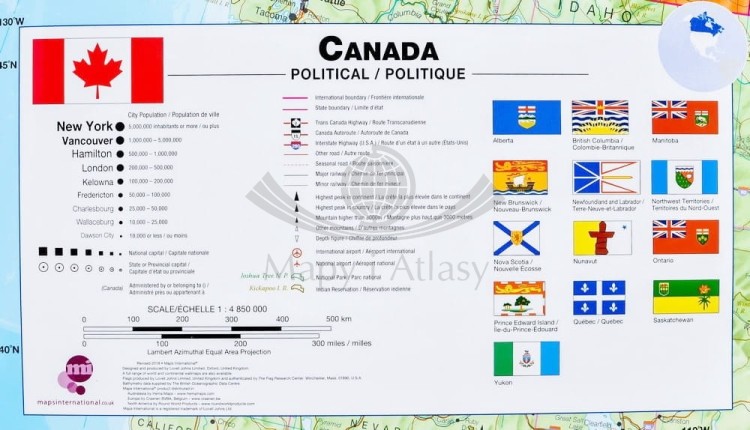 Kanada 1:4 850 000. Mapa polityczna magnetyczna. Rama alu SLIM. Legenda