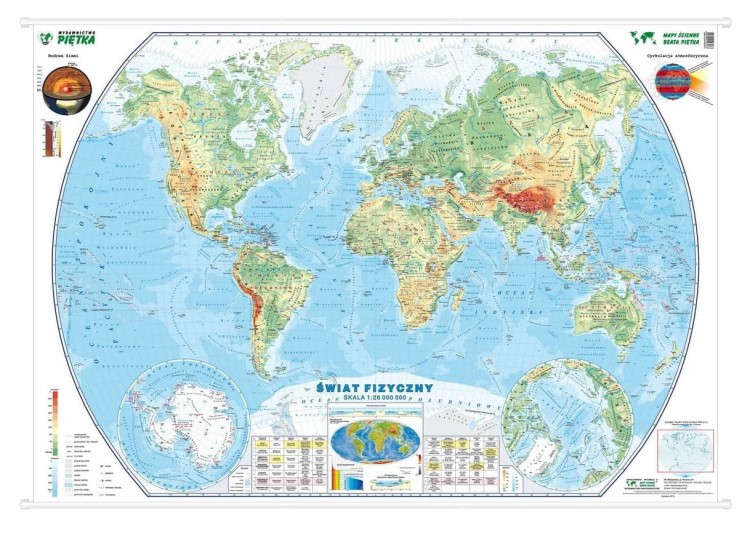 Świat 1:28 000 000. Mapa ścienna fizyczna. Wydawnictwo Piętka