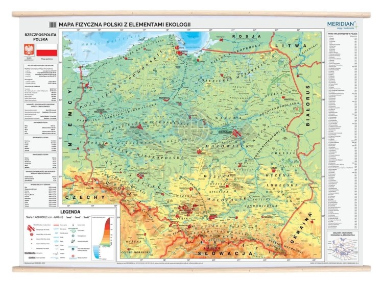 Polska 1:600 000. Mapa ścienna fizyczna z elementami ekologii wydawnictwa Meridian