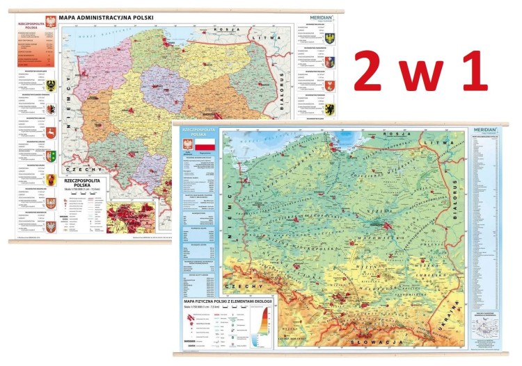 Polska 1:750 000. Dwustronna mapa ścienna. Administracyjna i fizyczna z elementami ekologii. Wydawnictwo: Meridian