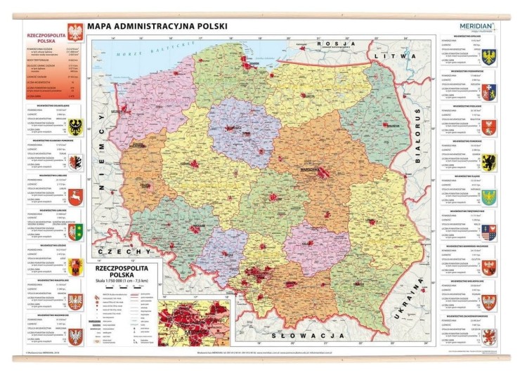 Polska 1:750 000. Dwustronna mapa ścienna. Administracyjna i fizyczna z elementami ekologii. Wydawnictwo: Meridian. Strona 1
