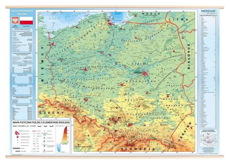 Polska 1:750 000. Dwustronna mapa ścienna. Administracyjna i fizyczna z elementami ekologii. Wydawnictwo: Meridian. Strona 2