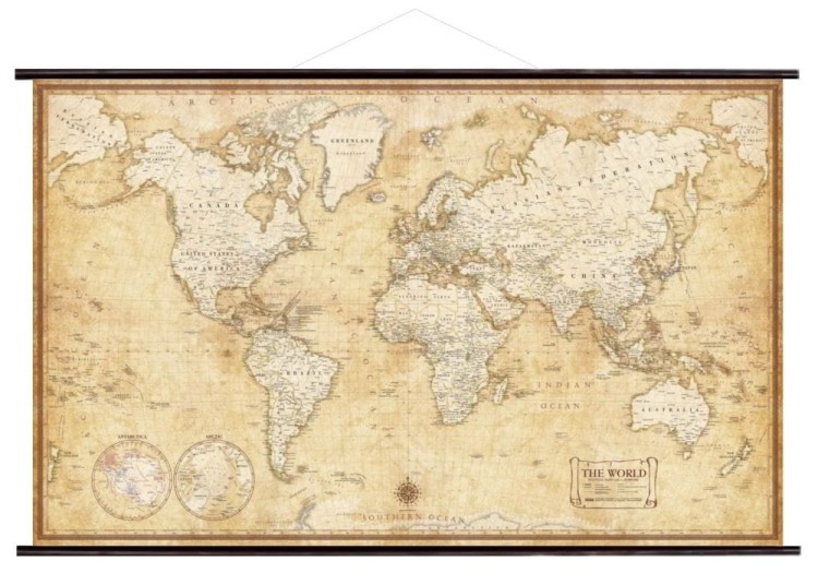 Świat 1:28 000 000. Mapa ścienna polityczna, stylizowana. Drewniane półwałki