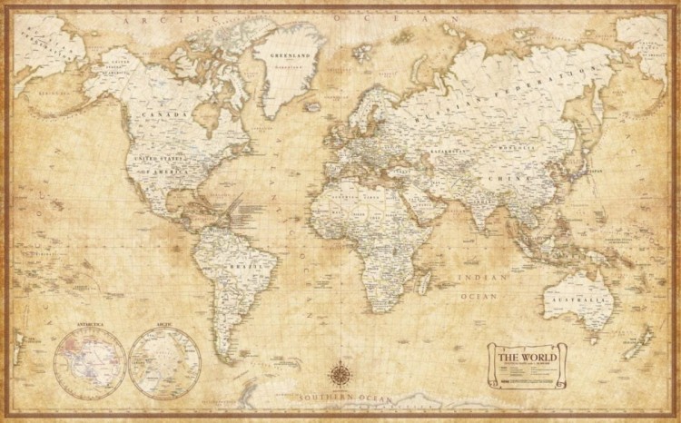Świat 1:28 000 000. Mapa ścienna polityczna, stylizowana. Drewniane półwałki