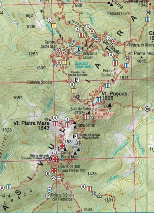 Postavaru, Piatra Mare i Baiului 1:45 000 / 1:50 000. Mapa turystyczna MN05 wydawnictwa Schubert & Franzke. Fragment 1