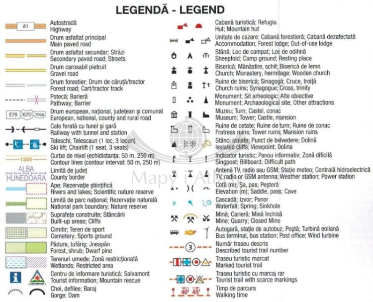 Góry Sureanu 1:80 000. Mapa turystyczna MN22 wydawnictwa Schubert & Franzke. Legenda