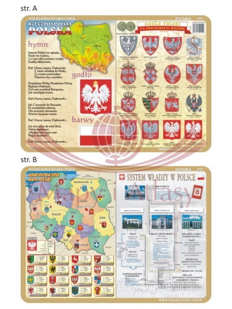 Hymn, godło, barwy, system władzy, mapa administracyjna Polski. Dwustronna podkładka edukacyjna 014