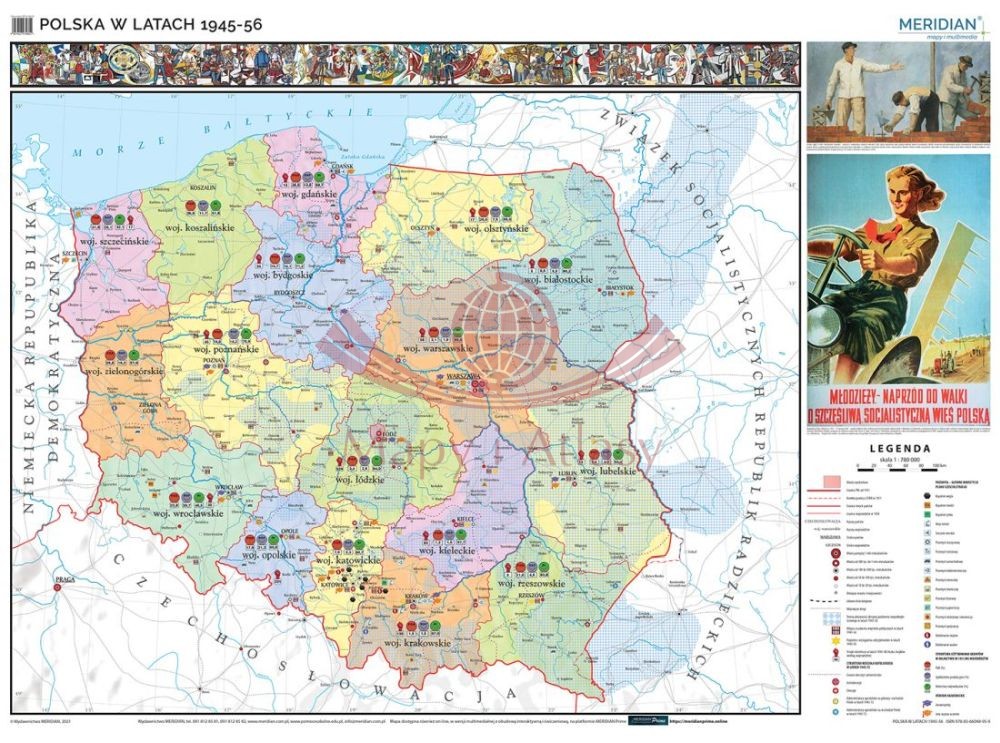 Polska w latach 1945-1956. Mapa ścienna 160 x 120 cm. Drewniane półwałki
