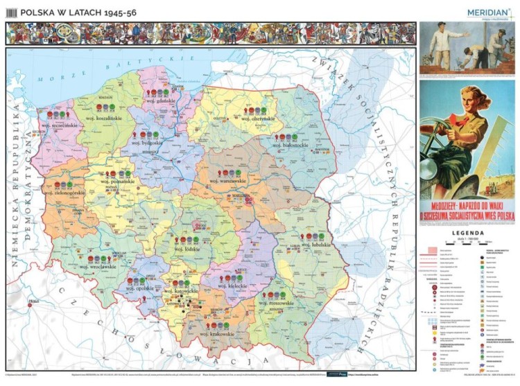 Polska w latach 1945-1956. Mapa ścienna. Drewniane półwałki