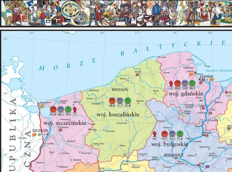 Polska w latach 1945-1956. Mapa ścienna. Drewniane półwałki. Fragment 1
