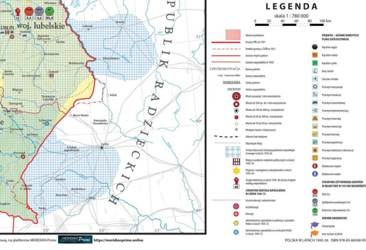Polska w latach 1945-1956. Mapa ścienna. Drewniane półwałki. Fragment 2