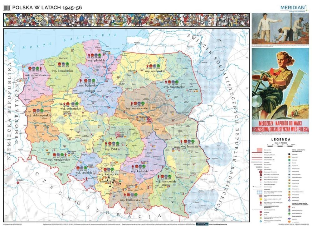 Polska w latach 1945-1956. Mapa ścienna 200 x 150 cm. Drewniane półwałki