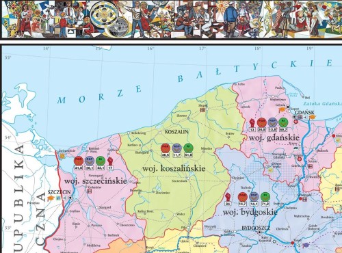 Polska w latach 1945-1956. Mapa ścienna. Drewniane półwałki. Fragment 1