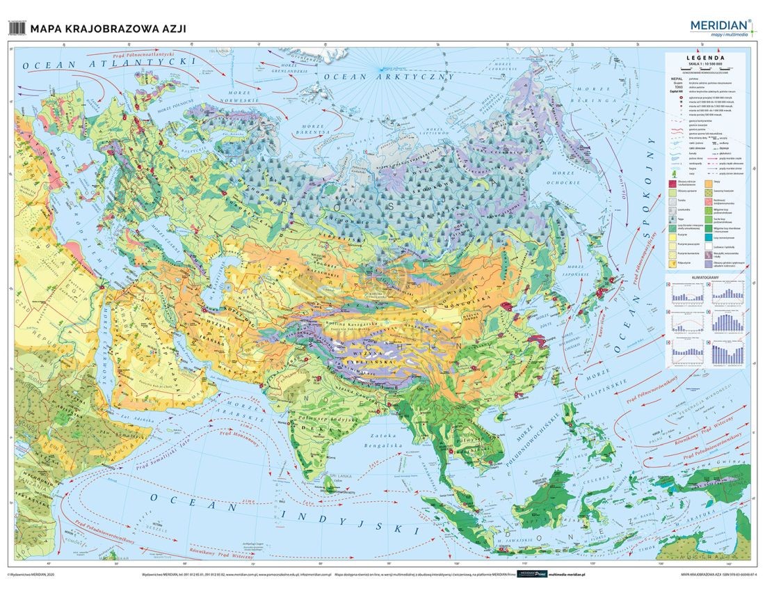 Azja 1:8 500 000. Mapa ścienna krajobrazowa. Drewniane półwałki