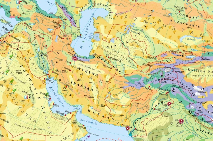 Azja 1:8 500 000. Mapa ścienna krajobrazowa. Drewniane półwałki. Fragment 1