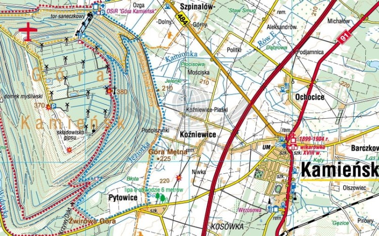 Ziemia Sieradzka 1:75 000. Poddębice, Zgierz, Zduńska Wola, Pabianice, Bełchatów, Radomsko, Wieluń, Łódź, Warta. Mapa turystyczna wydawnictwa Compass. Fragment