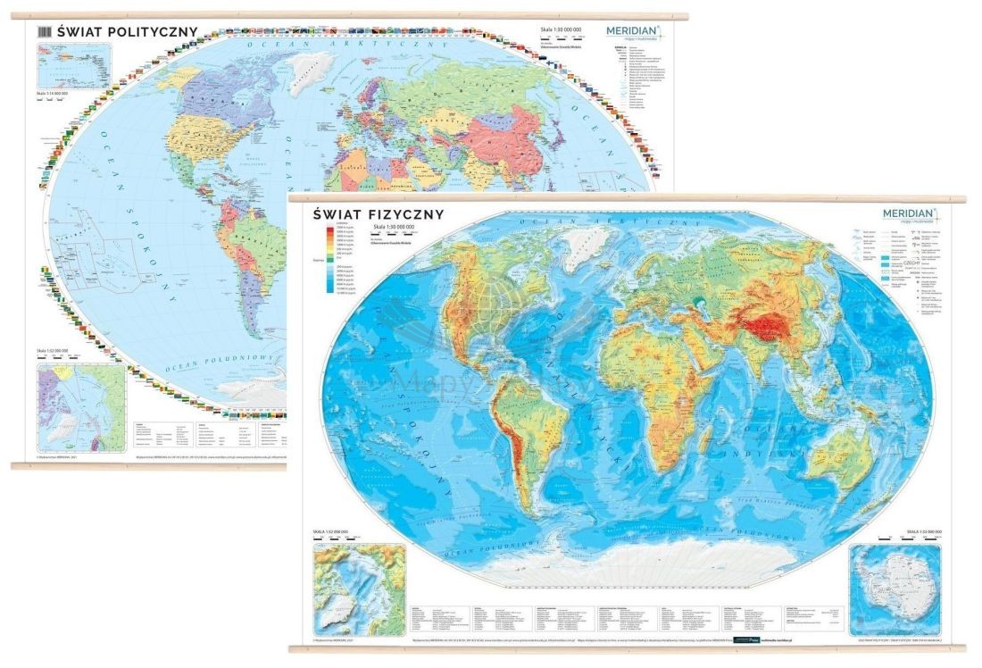 Świat 1:30 000 000. Dwustronna mapa ścienna. Polityczna / fizyczna z elementami ekologii. Drewniane półwałki