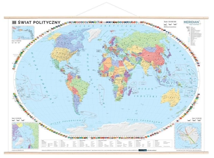 Świat 1:30 000 000. Dwustronna mapa ścienna. Polityczna / fizyczna z elementami ekologii. Drewniane półwałki. Strona 1