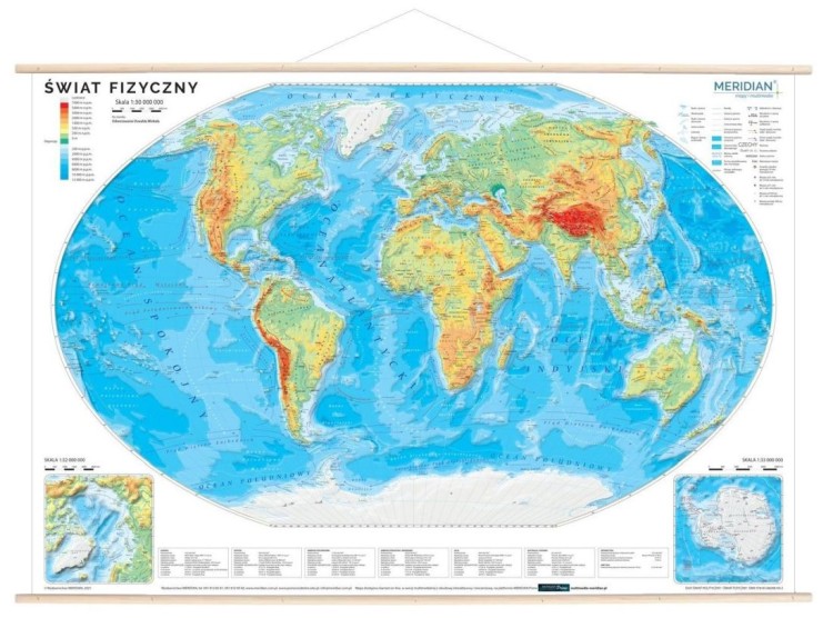 Świat 1:30 000 000. Dwustronna mapa ścienna. Polityczna / fizyczna z elementami ekologii. Drewniane półwałki. Strona 2