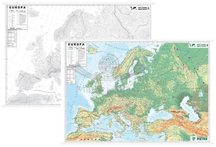 Europa 1:3 300 000. Dwustronna mapa ścienna: ogólnogeograficzna (fizyczna) / konturowa (do ćwiczeń)