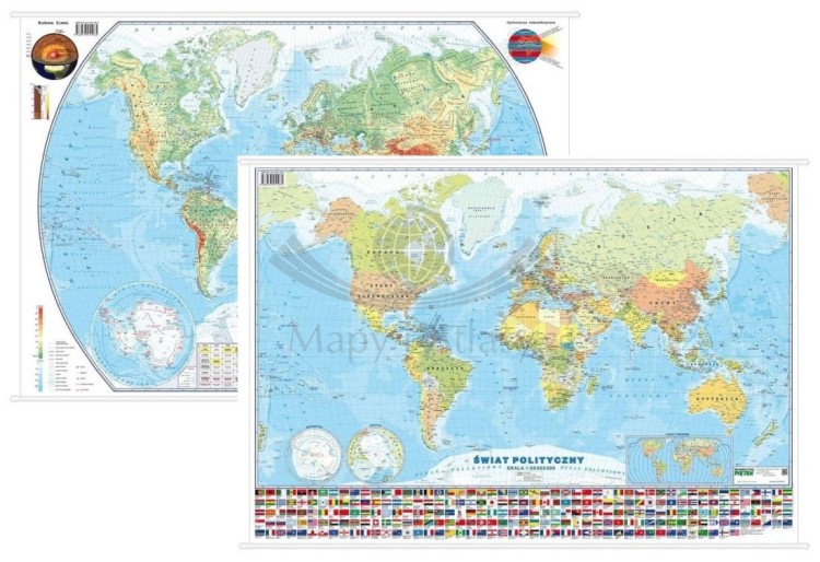 Świat. Dwustronna mapa ścienna MIDI. Fizyczna/polityczna