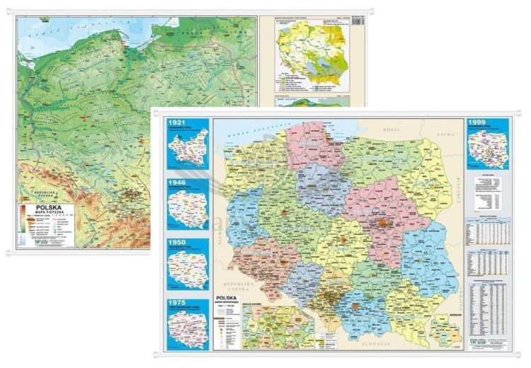 Polska. Dwustronna mapa ścienna MIDI. Fizyczna/administracyjna