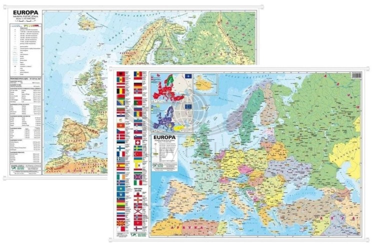 Europa. Dwustronna mapa ścienna MIDI. Fizyczna/polityczna