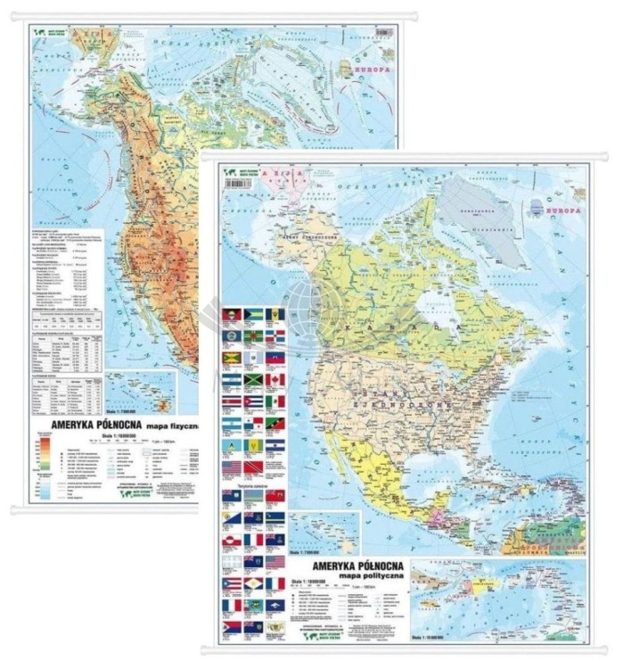 Ameryka Północna. Dwustronna mapa ścienna MIDI. Fizyczna/polityczna