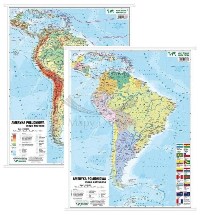 Ameryka Południowa. Dwustronna mapa ścienna MIDI. Fizyczna/polityczna