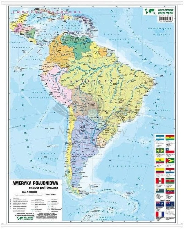 Ameryka Południowa. Dwustronna mapa ścienna MIDI. Fizyczna/polityczna. Strona polityczna