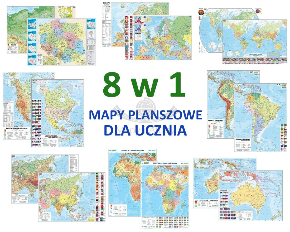 Polska, świat, kontynenty. Mapa podręczna planszowa papierowa. Zestaw 8 map dla ucznia