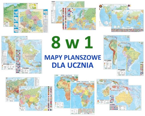 Polska, świat, kontynenty. Mapa podręczna planszowa. Zestaw 8 map dla ucznia