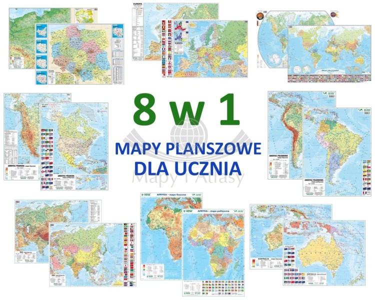 Polska, świat, kontynenty. Mapa podręczna planszowa. Zestaw 8 map dla ucznia