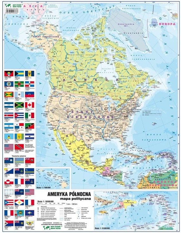 Ameryka Północna. Dwustronna mapa podręczna. Fizyczna/polityczna. Strona polityczna
