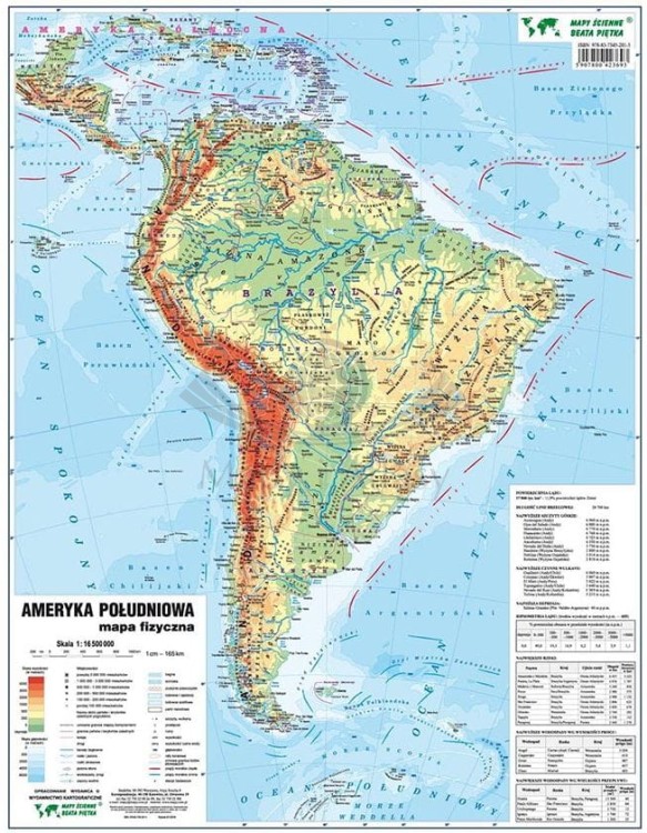 Ameryka Południowa. Dwustronna mapa podręczna. Fizyczna/polityczna. Strona fizyczna