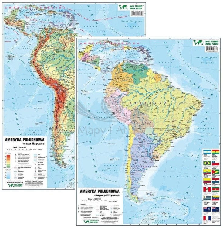 Ameryka Południowa. Dwustronna mapa podręczna. Fizyczna/polityczna