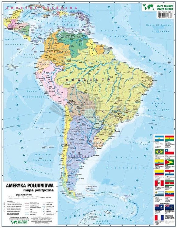Ameryka Południowa. Dwustronna mapa podręczna. Fizyczna/polityczna. Strona polityczna