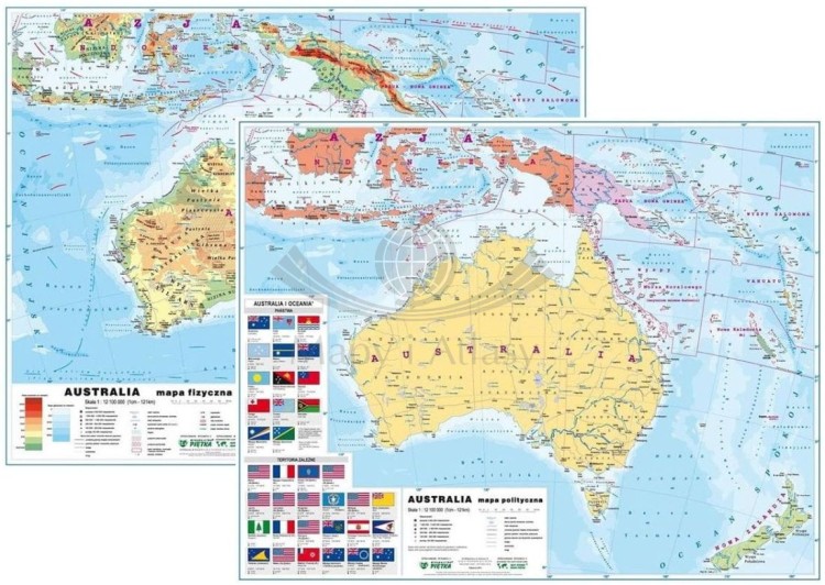 Australia. Dwustronna mapa podręczna planszowa. Fizyczna/polityczna